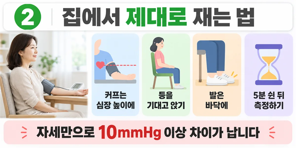 가정 혈압 측정 자세 네 가지 — 커프는 심장 높이, 등을 기대고 앉기, 발은 바닥에, 5분 쉰 뒤 측정