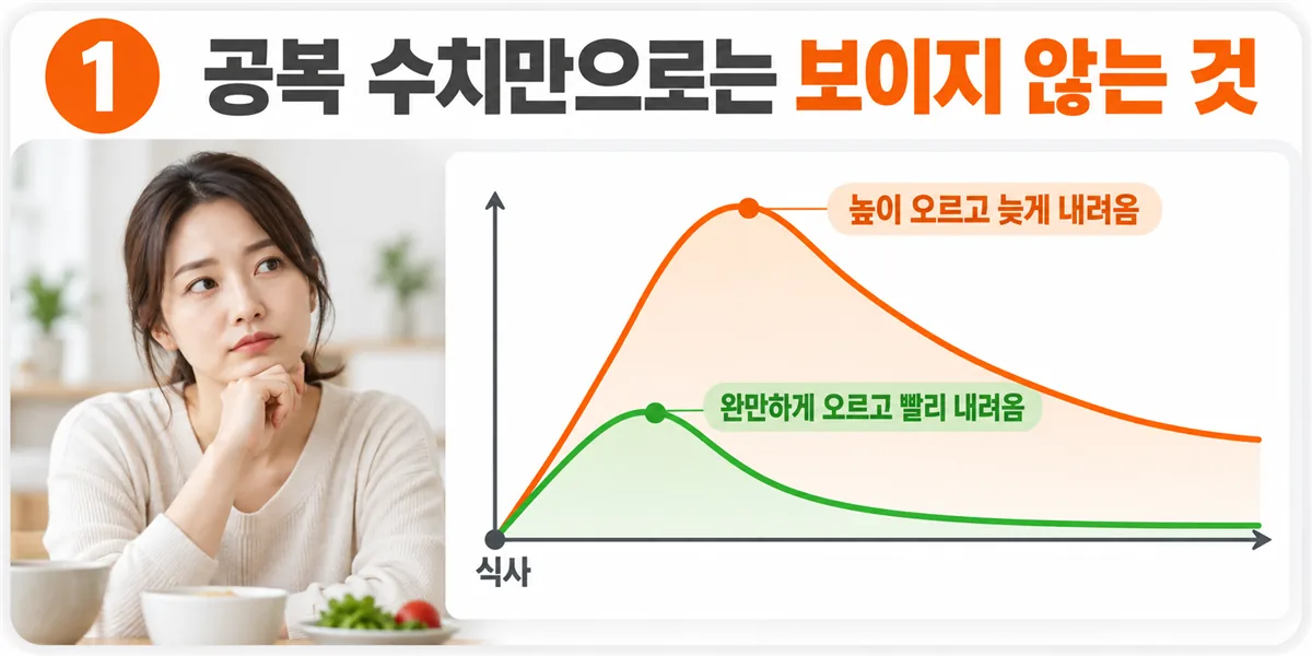 식후 혈당이 완만하게 올랐다 빨리 내려오는 곡선과, 높이 치솟았다 천천히 내려오는 곡선을 비교한 그래프