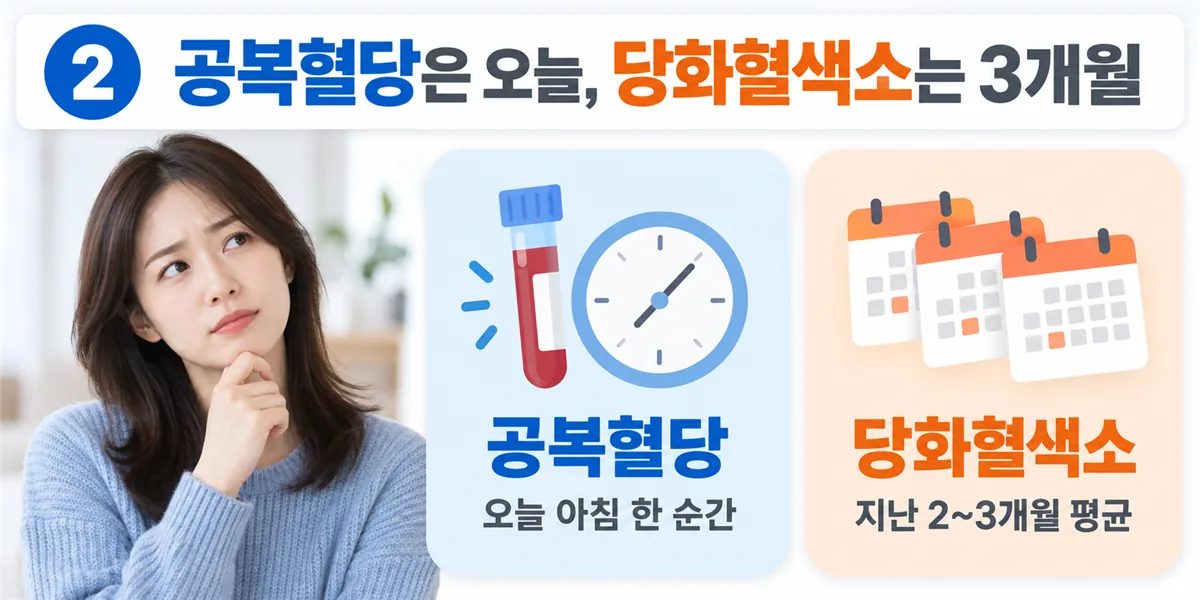 공복혈당은 오늘 아침 한 순간을, 당화혈색소는 지난 2~3개월 평균을 본다는 점을 비교한 카드
