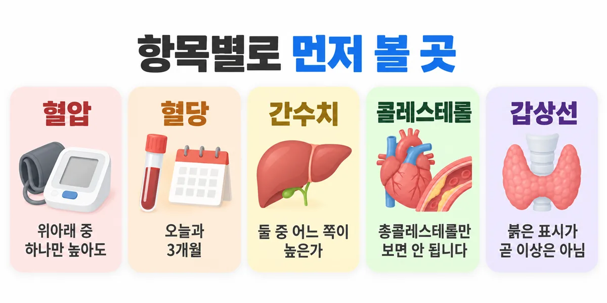 혈압·혈당·간수치·콜레스테롤·갑상선 다섯 항목에서 각각 먼저 확인할 것을 정리한 카드