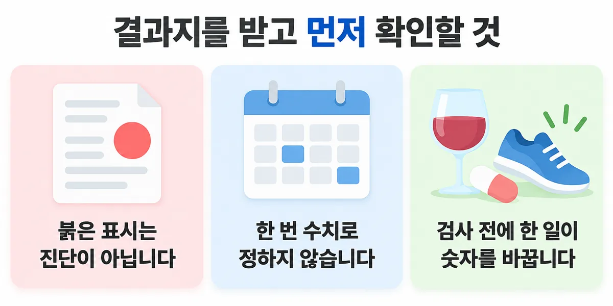 붉은 표시는 진단이 아니고, 한 번의 수치로 정하지 않으며, 검사 전에 한 일이 숫자를 바꾼다는 세 가지 안내