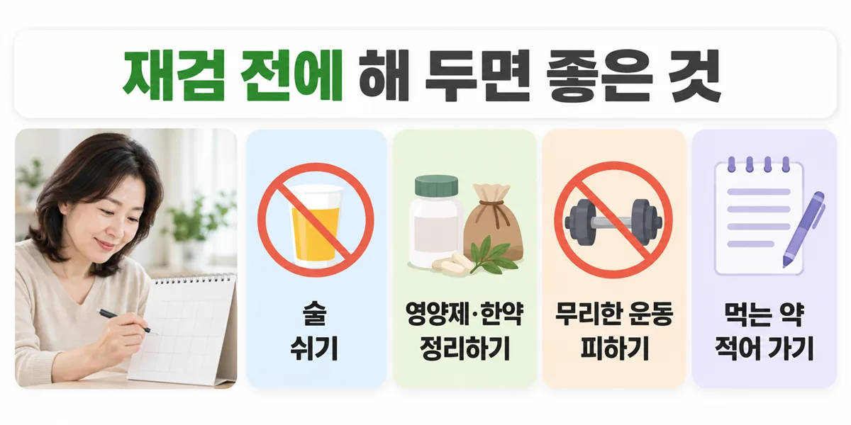 재검 전에 술 쉬기, 영양제와 한약 정리하기, 무리한 운동 피하기, 먹는 약 적어 가기 네 가지 준비