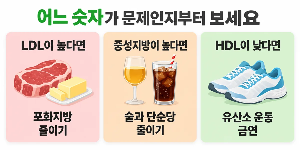 LDL이 높으면 포화지방 줄이기, 중성지방이 높으면 술과 단순당 줄이기, HDL이 낮으면 유산소 운동이라는 대응 비교