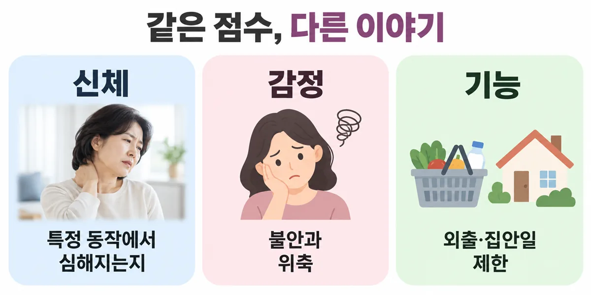 어지럼증 장애 척도의 신체 7문항, 감정 9문항, 기능 9문항 세 영역