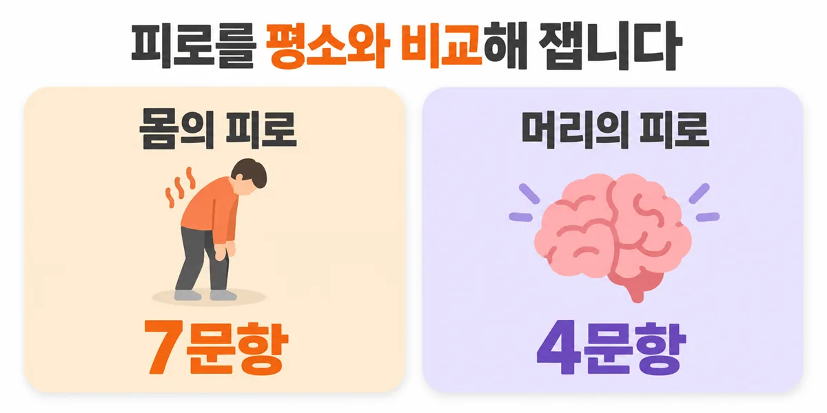 몸의 피로 7문항과 머리의 피로 4문항으로 나뉘는 차더 피로 척도 구성