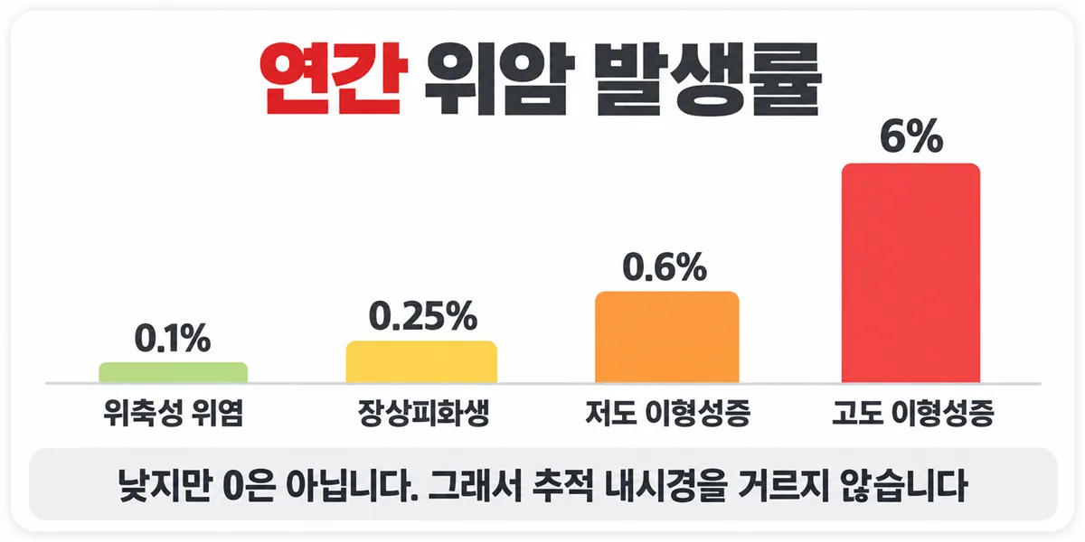 위축성 위염 0.1퍼센트, 장상피화생 0.25퍼센트, 저도 이형성증 0.6퍼센트, 고도 이형성증 6퍼센트의 연간 위암 발생률 막대그래프