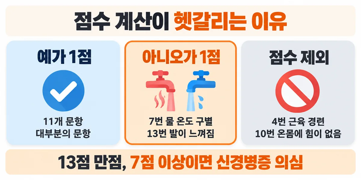 예가 1점인 11개 문항, 아니오가 1점인 7번과 13번, 점수에서 제외되는 4번과 10번을 구분하고 13점 만점에 7점 이상이면 신경병증 의심이라는 안내