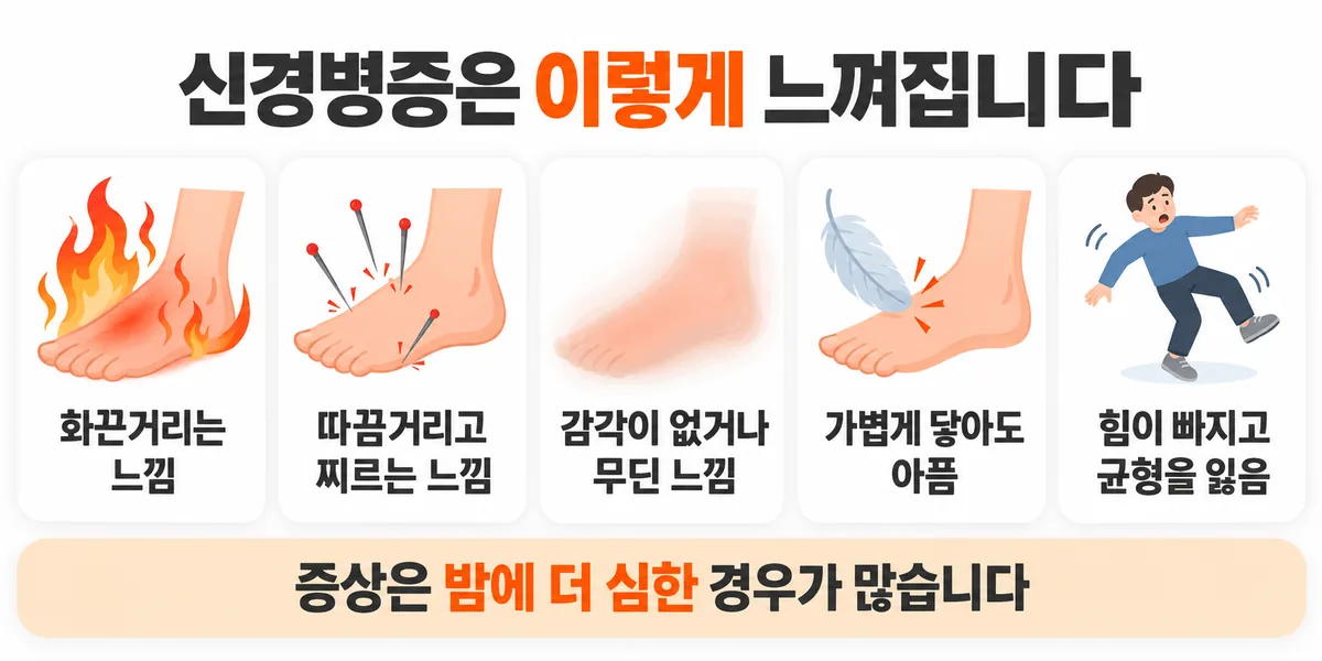 화끈거림, 따끔거림, 감각이 없거나 무딤, 가볍게 닿아도 아픔, 힘이 빠지고 균형을 잃는 느낌의 다섯 가지 증상과 밤에 더 심해진다는 안내