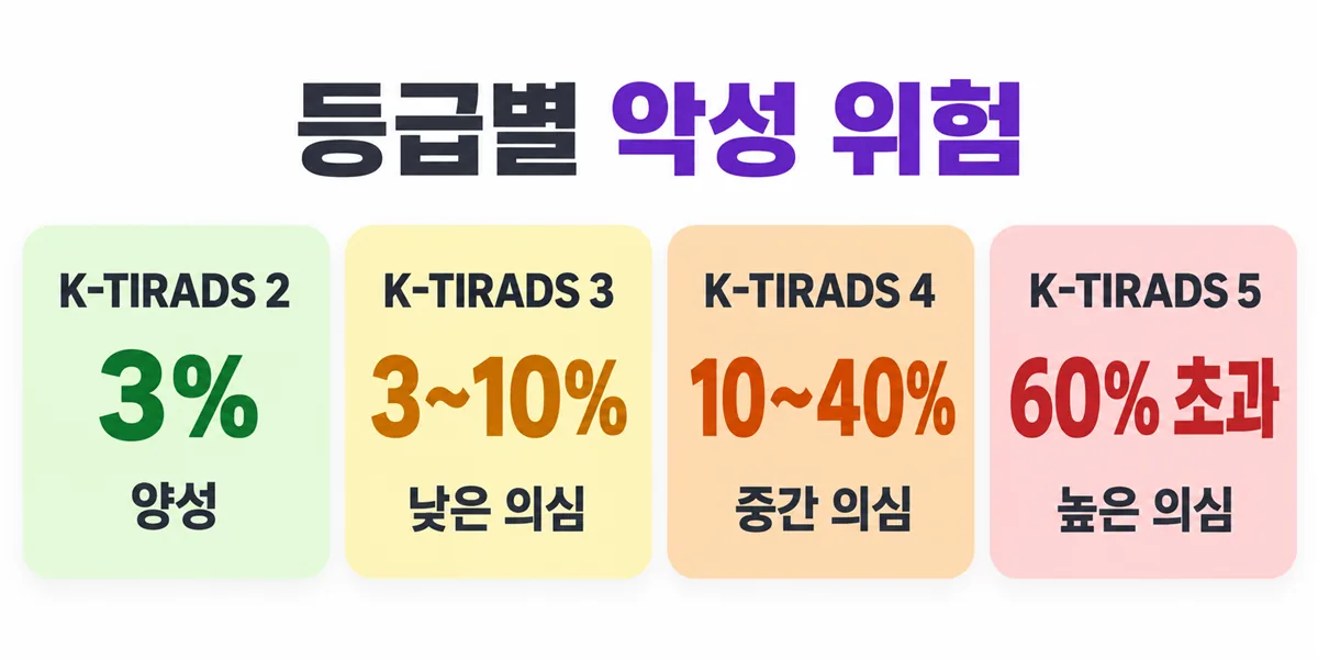 K-TIRADS 2는 3퍼센트, 3은 3~10퍼센트, 4는 10~40퍼센트, 5는 60퍼센트 초과의 악성 위험을 가진다는 등급 비교