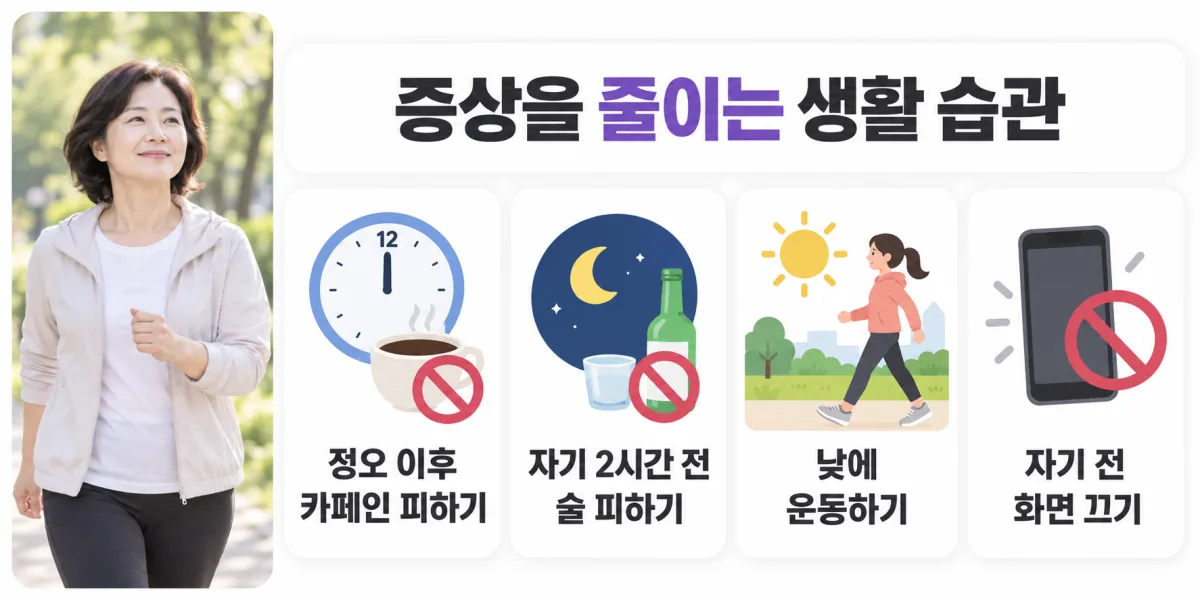 정오 이후 카페인 피하기, 잠들기 2시간 전 술 피하기, 낮에 운동하기, 자기 전 전자기기 피하기의 네 가지 습관