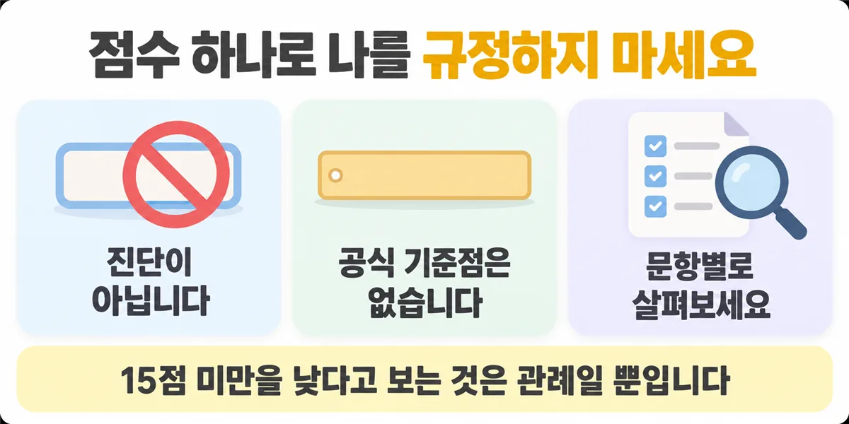점수는 진단이 아니고 공식 기준점이 없으며 문항별로 살펴보라는 세 가지 안내