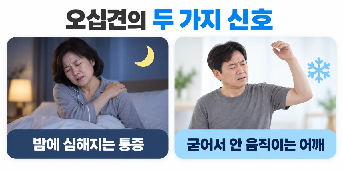밤에 심해지는 어깨 통증과 어깨가 굳어 움직이기 어려운 오십견의 두 가지 주된 증상