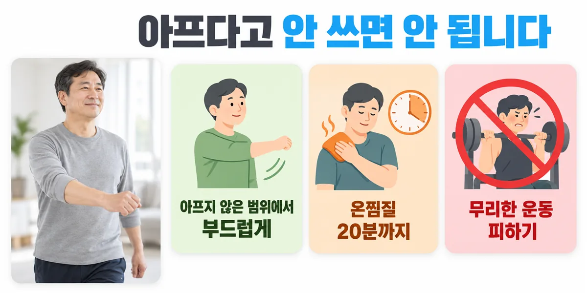 아프지 않은 범위에서 부드럽게 움직이기, 온찜질 20분, 무리한 운동 피하기의 세 가지 관리