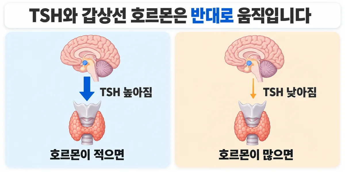 갑상선 호르몬이 적으면 뇌가 보내는 TSH 신호가 커지고, 많으면 작아진다는 되먹임 관계 그림
