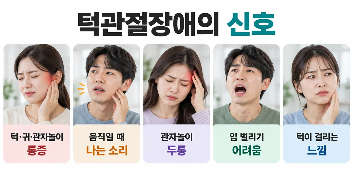 턱·귀·관자놀이 통증, 턱에서 나는 소리, 관자놀이 두통, 입 벌리기 어려움, 턱이 걸리는 느낌의 다섯 가지 신호