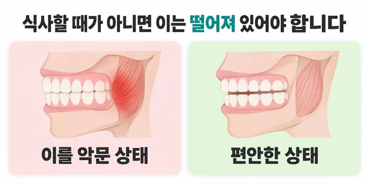 입술은 다물고 윗니와 아랫니는 살짝 떨어져 있는 올바른 턱 휴식 자세 비교