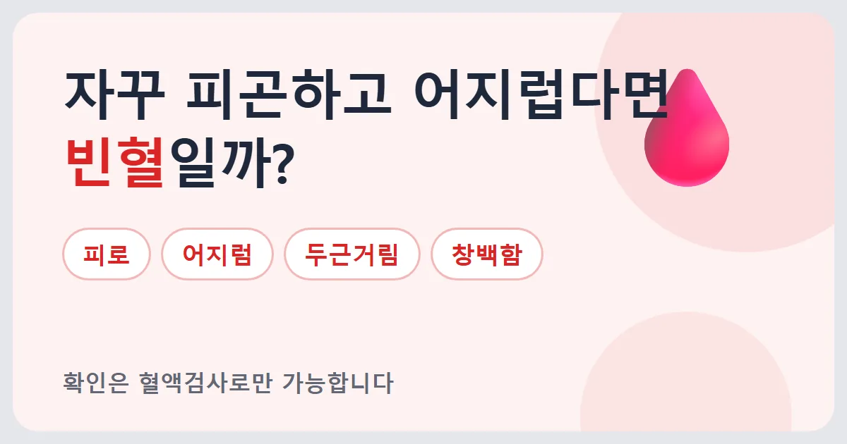 자꾸 피곤하고 어지럽다면 빈혈일지 묻고 피로, 어지럼, 두근거림, 창백함 네 가지 증상을 보여주는 안내 이미지
