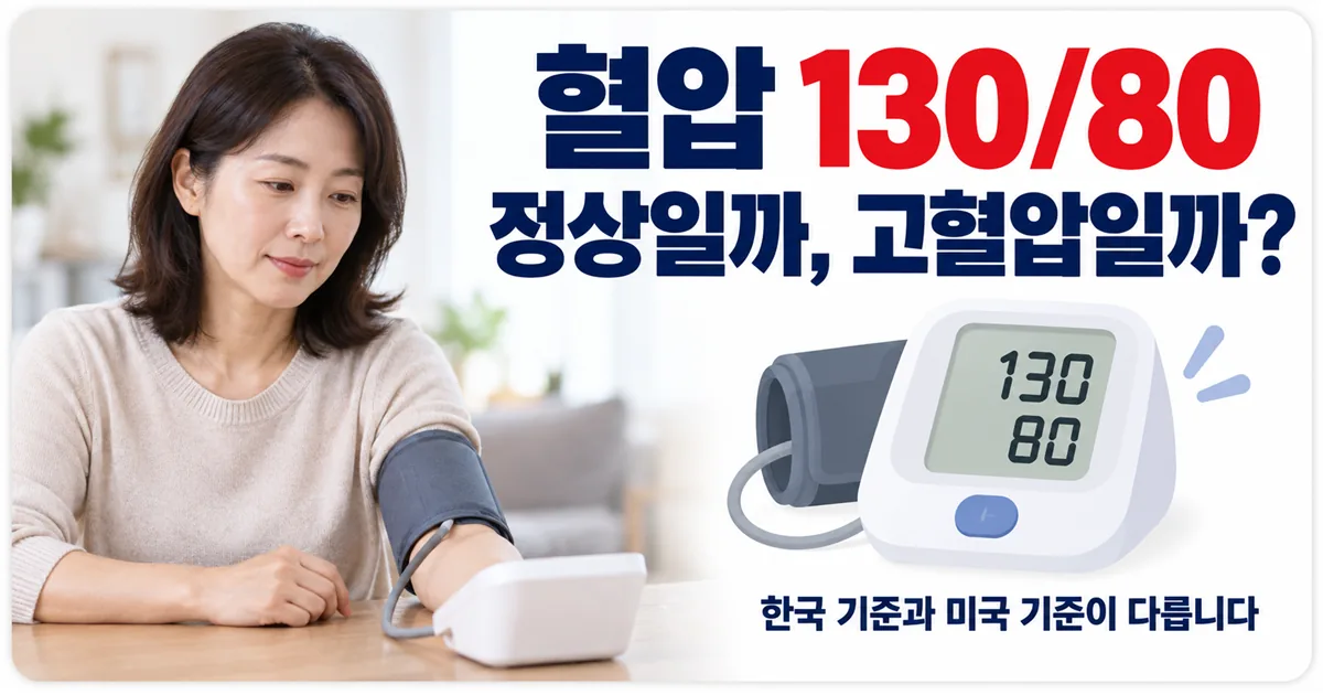 가정용 혈압계에 130/80이 표시된 모습과 한국 기준과 미국 기준이 다르다는 점을 알리는 안내 이미지