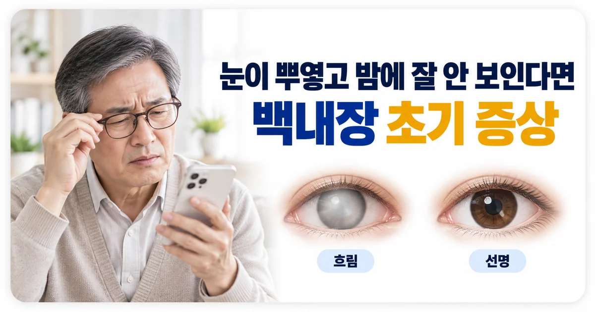 눈이 뿌옇고 밤에 잘 안 보인다면 백내장 초기 증상일 수 있다며 흐린 눈과 선명한 눈을 비교하는 안내 이미지