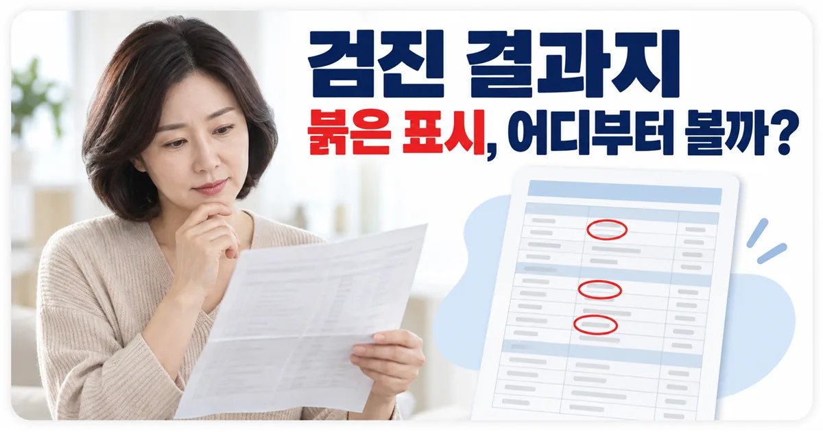 건강검진 결과지에서 붉은 표시가 붙은 항목을 어디부터 봐야 하는지 안내하는 이미지