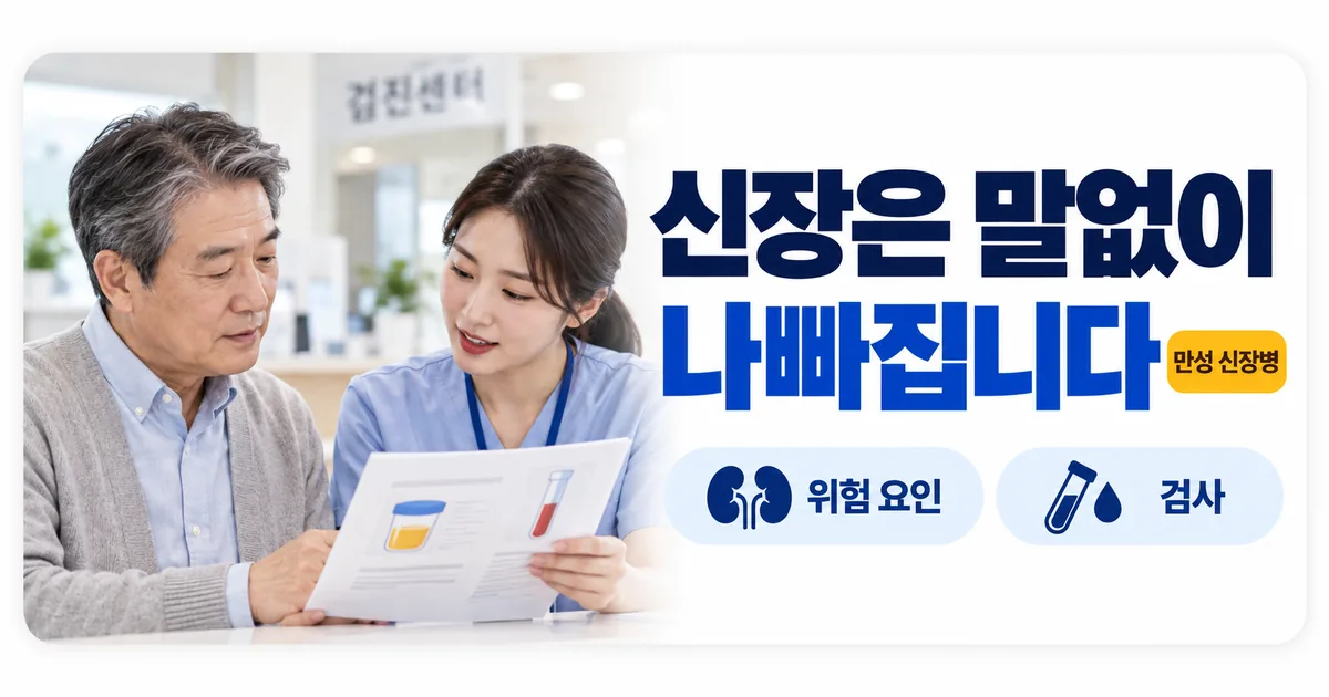 신장 모형과 소변·혈액 검사 결과지를 보며 신장 건강을 점검하는 이미지