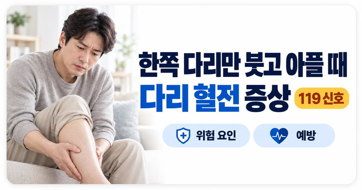 한쪽 다리가 부어 종아리를 만지는 사람과 혈관 속 혈전을 나타내는 안내 이미지