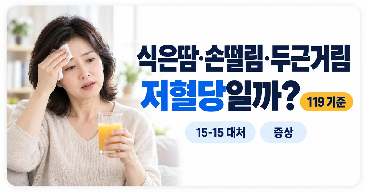식은땀을 닦으며 주스를 마시는 사람과 혈당 측정기를 보여 주는 안내 이미지