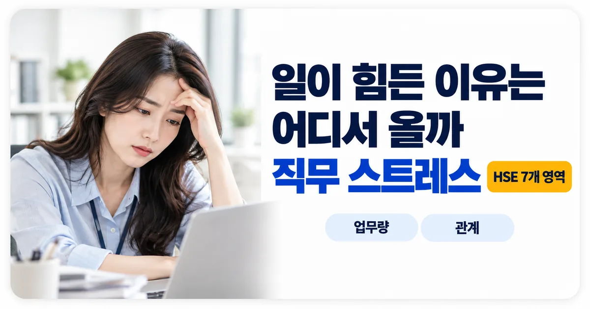 일이 힘든 이유가 어디서 오는지 업무량과 관계 등 7개 영역으로 나눠 확인하라고 안내하는 이미지