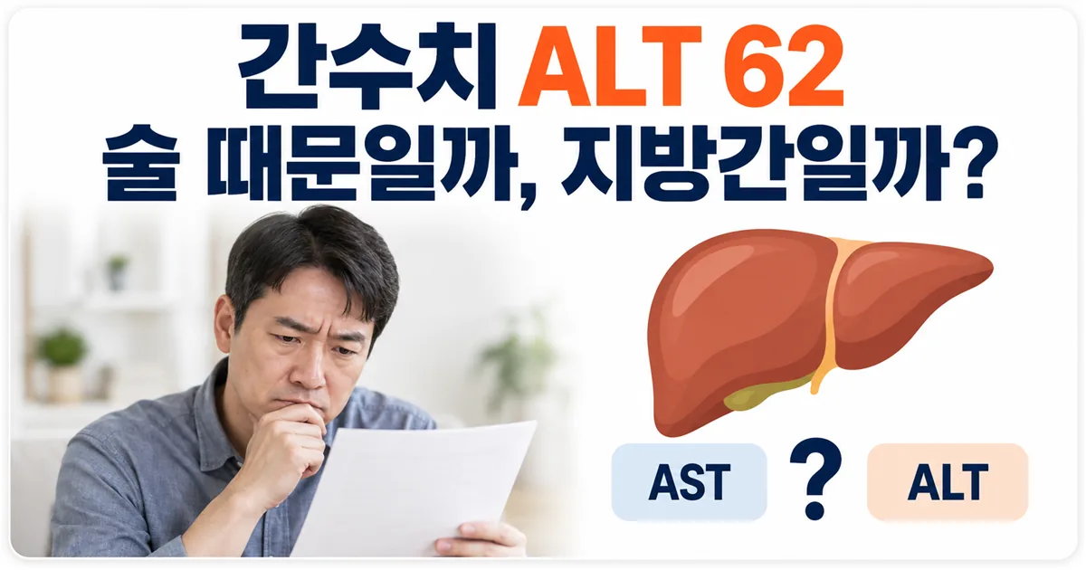 간수치 ALT 62가 술 때문인지 지방간 때문인지 묻는 안내 이미지와 AST·ALT 비교 상자