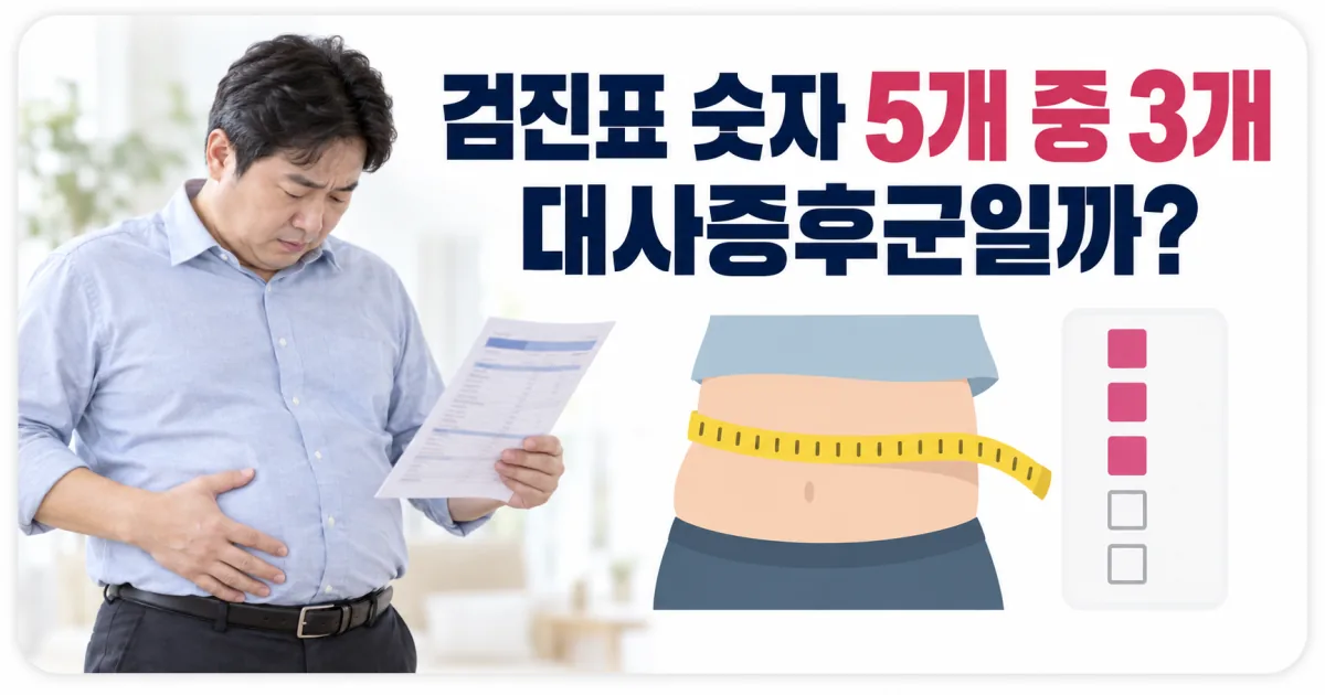 건강검진 결과지의 숫자 다섯 개 중 세 개가 대사증후군 기준에 해당하는지 묻는 안내 이미지