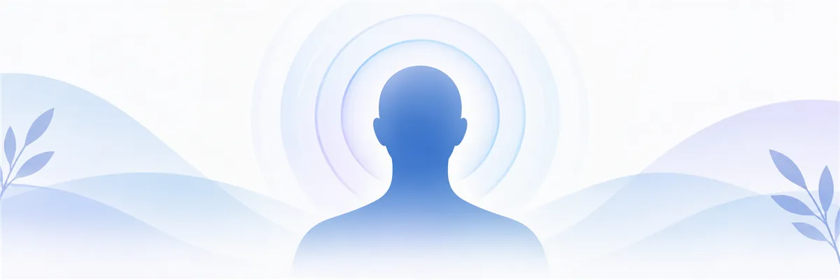 머리 주변에서 퍼져나가는 방사형 파동과 빛 번짐을 표현한 일러스트
