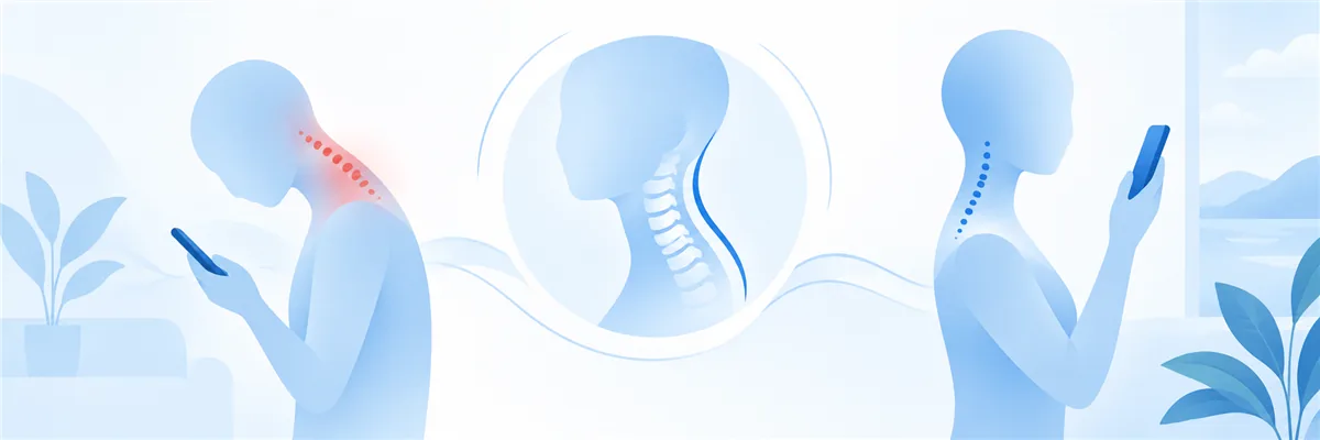 목과 경추 곡선, 스마트폰을 내려다보는 자세와 바른 정렬을 대비한 푸른 일러스트