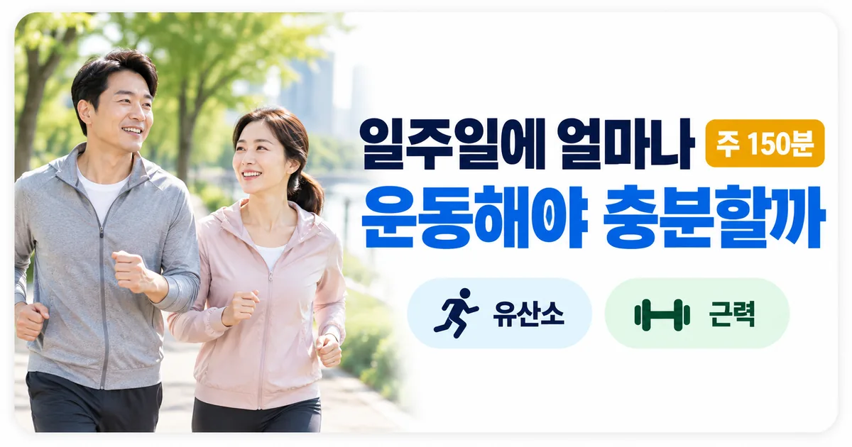 공원에서 빠르게 걷고 근력운동을 하는 성인과 운동 권고량을 안내하는 이미지