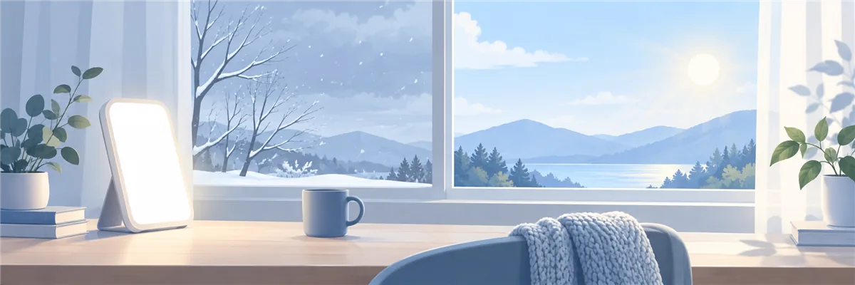 겨울 창가로 들어오는 부드러운 빛과 광치료 램프, 계절의 밝기 변화를 표현한 일러스트