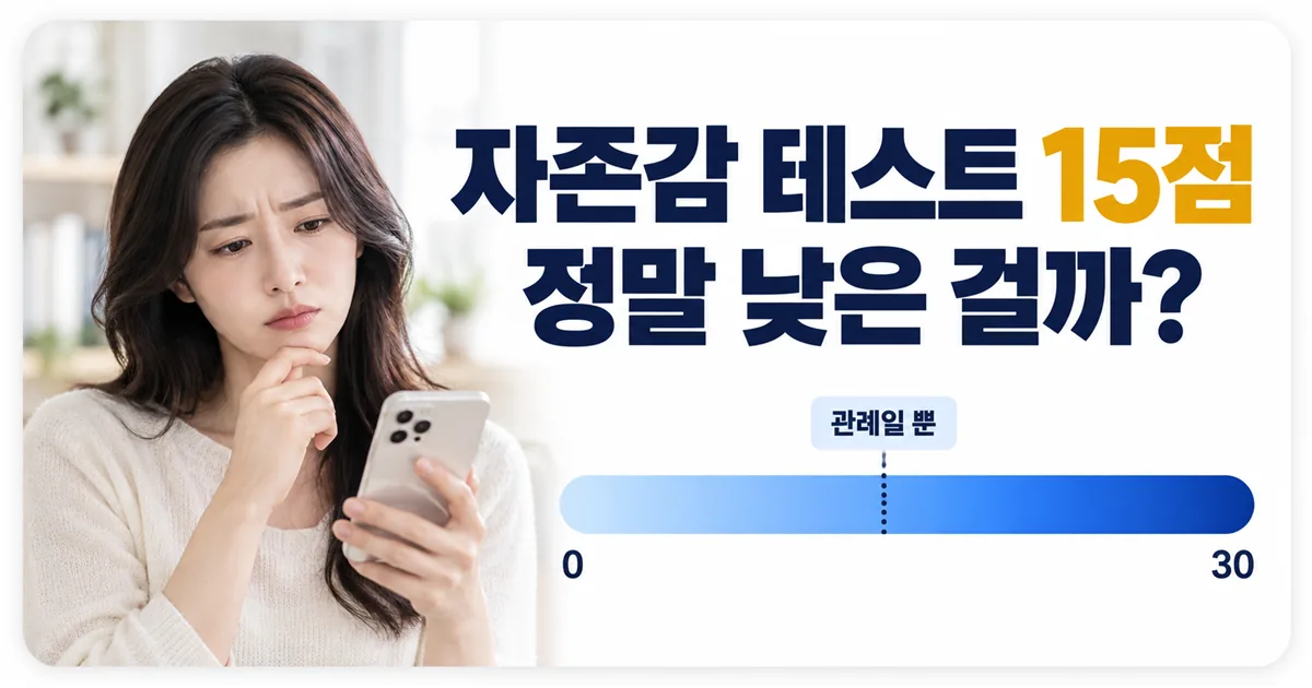 자존감 테스트에서 15점이 정말 낮은 것인지 묻고 0점에서 30점 사이의 관례적 기준을 보여주는 안내 이미지