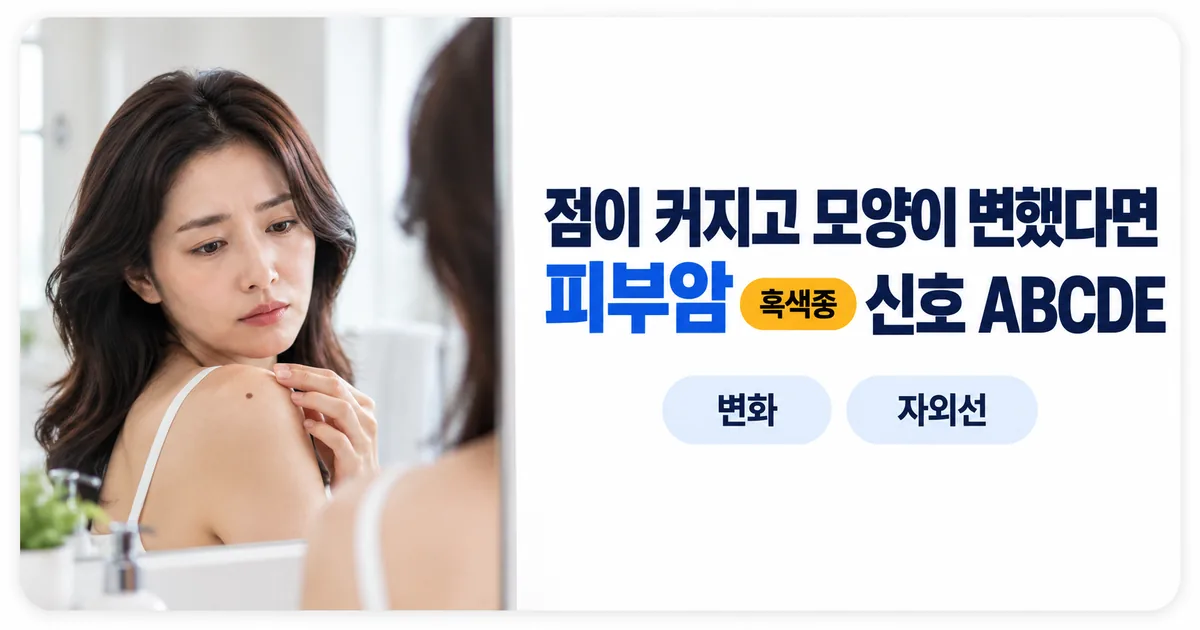 거울로 등의 점을 확인하는 사람과 피부 점 변화를 점검하는 안내 이미지