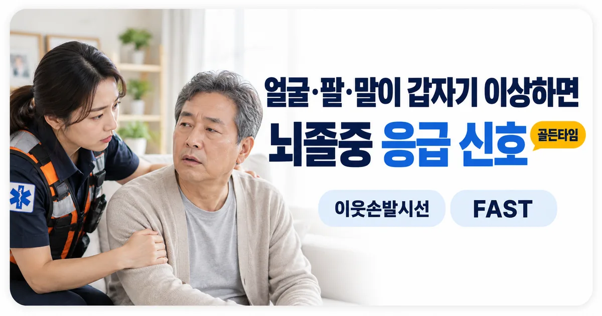 응급 상황에서 119에 신고하는 사람과 얼굴·팔·말 이상을 알리는 뇌졸중 징후 안내 이미지