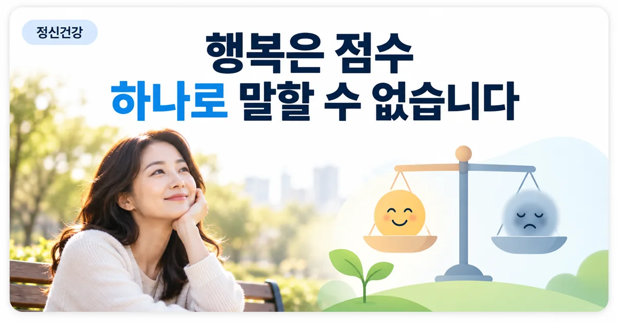 행복은 점수 하나로 말할 수 없다는 안내와 삶의 평가와 감정을 따로 보여주는 이미지