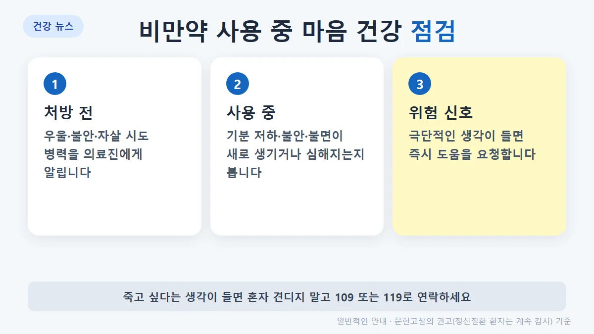 비만약 사용 중 점검: 기분 저하·불안·잠 못 이룸이 새로 생기거나 심해지는지, 극단적 생각이 들면 즉시 도움, 정신건강 병력은 처방 전 의료진에게 알리기