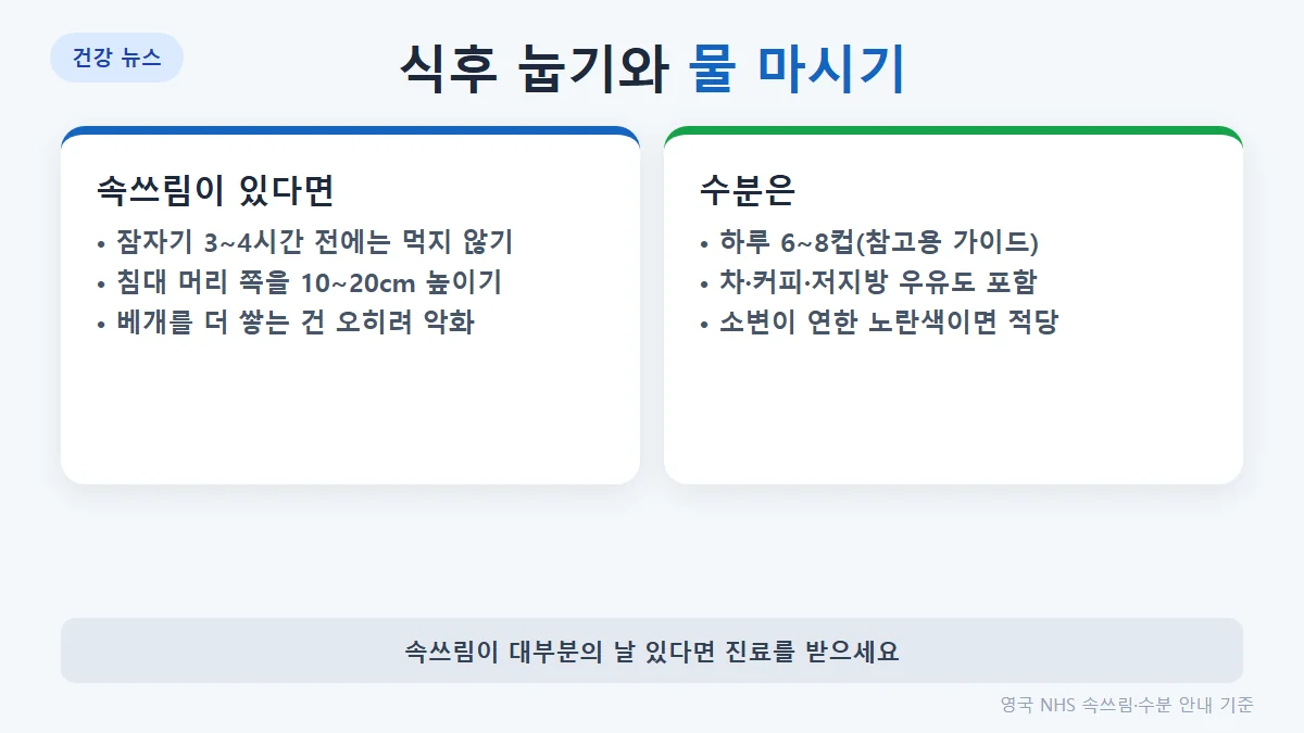 NHS 수분 안내: 하루 6~8컵의 수분, 차와 커피도 포함, 소변이 연한 노란색이 되도록 마시기