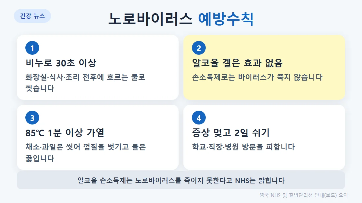 노로바이러스 예방: 비누로 30초 이상 손 씻기, 알코올 손소독제는 효과 없음, 85℃ 1분 이상 가열, 환자는 증상 후 2일 쉬기