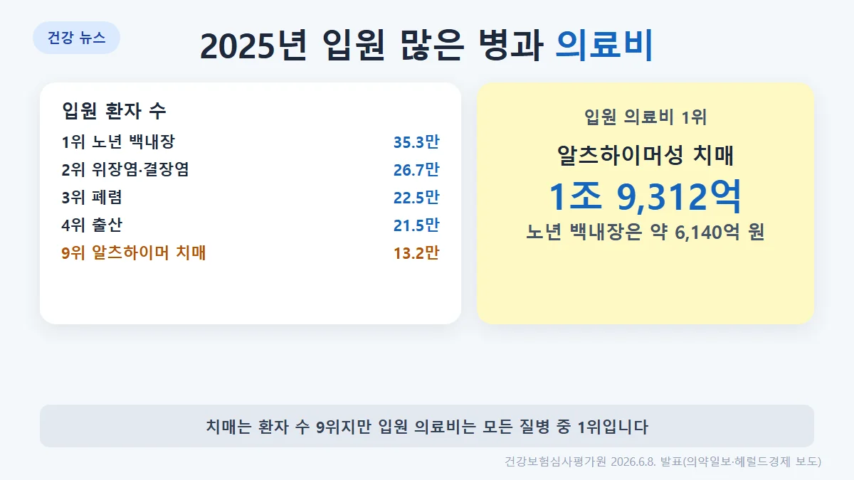 2025년 입원 다빈도 질병: 노년 백내장 35만 3천 명, 위장염 및 결장염 26만 7천 명, 폐렴 22만 5천 명, 출산 21만 5천 명, 알츠하이머성 치매 9위 13만 2천 명, 입원 의료비 1위