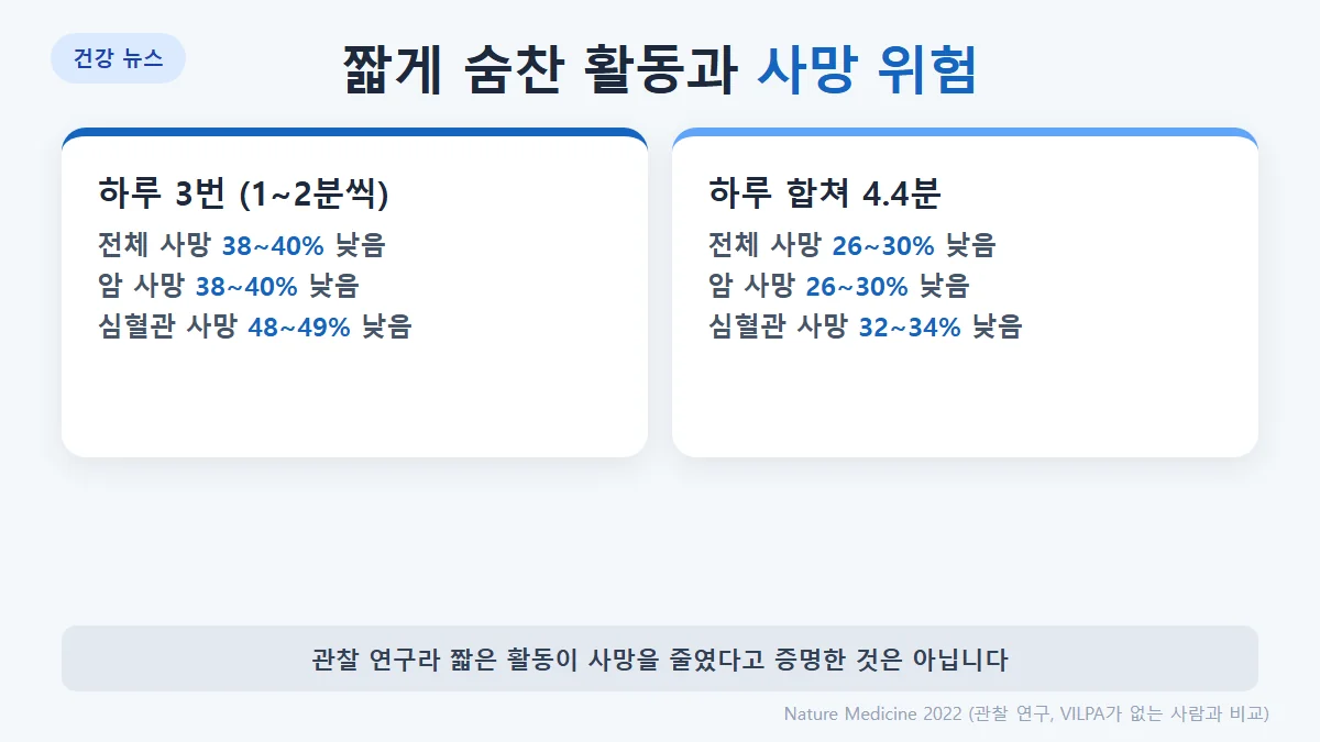 VILPA 하루 3회(1~2분): 전체 사망 38~40% 감소, 암 사망 38~40% 감소, 심혈관 사망 48~49% 감소. 하루 4.4분: 전체 26~30%, 암 26~30%, 심혈관 32~34% 감소