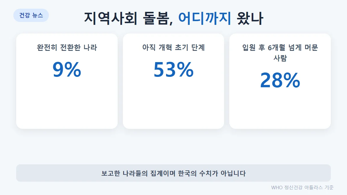 지역사회 돌봄으로 완전히 전환한 나라 9%, 초기 단계 53%, 정신병원 입원 후 6개월 넘게 머문 사람 28%