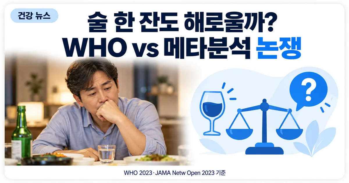 식탁 위의 술잔과 물음표 말풍선, 안전한 음주량이 있는지 따져 보는 안내