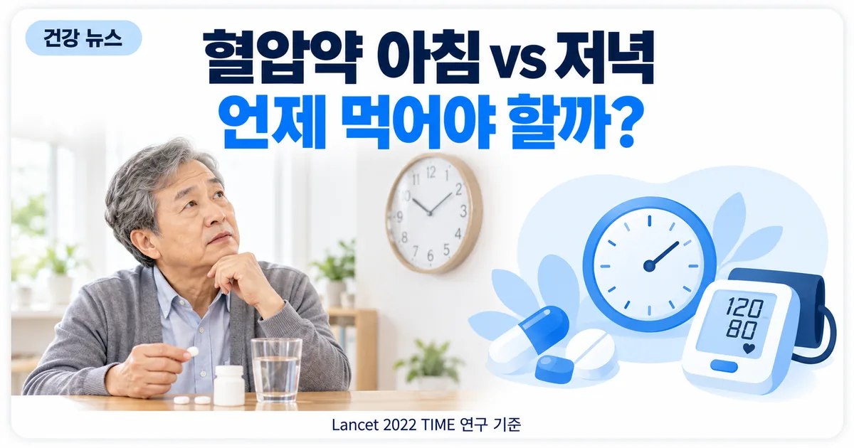 식탁에서 혈압약을 손에 들고 아침과 저녁 중 언제 먹을지 고민하는 사람과 시계 아이콘
