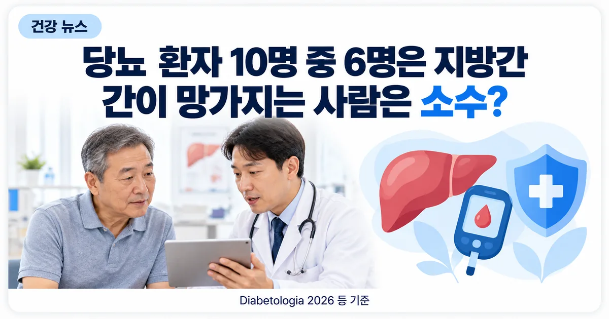 진료실에서 간 초음파 결과를 보며 설명하는 의사와 간 아이콘, 당뇨 환자 지방간 선별검사 안내