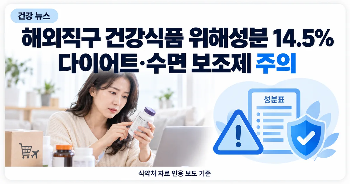 해외직구 식품 포장의 성분 표시를 확인하는 소비자와 경고 아이콘