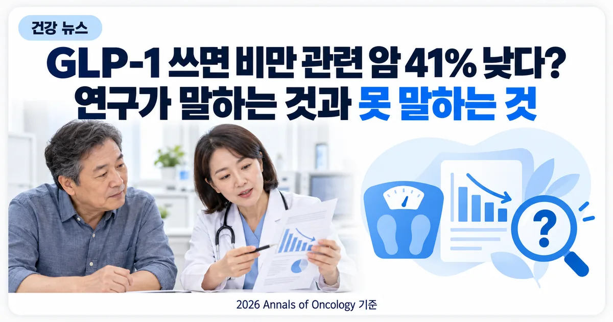 상담실에서 연구 결과표를 보는 의사와 환자, 비만과 암 위험을 나타내는 아이콘