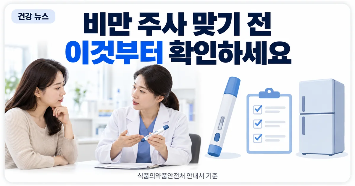 진료실에서 처방 설명을 듣는 환자와 주사기, 체크리스트